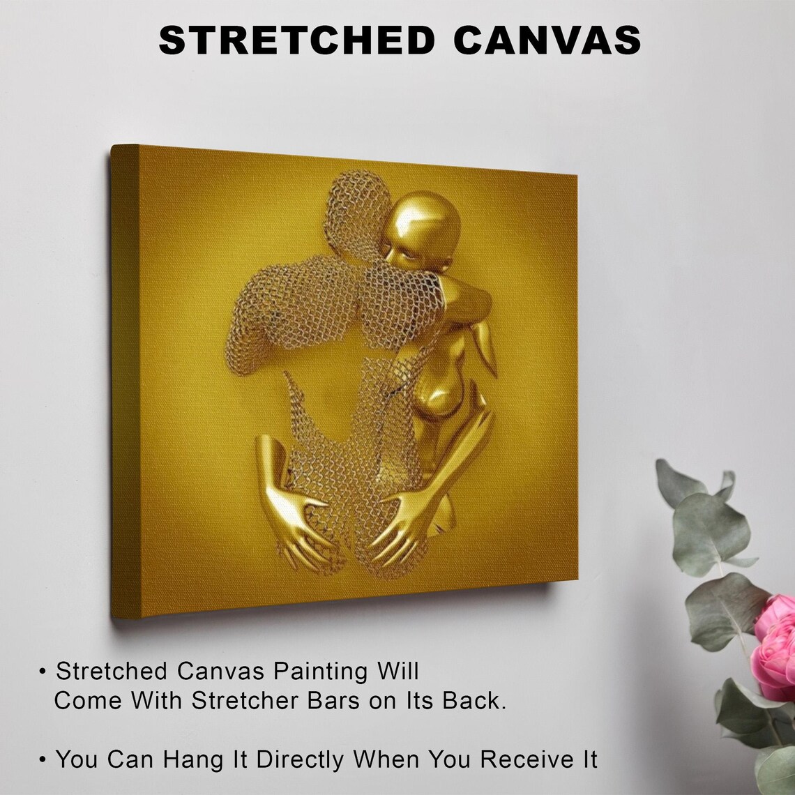 Golden Embracing Couple Sculpture on Gold Metallic Art Poster - Image 3