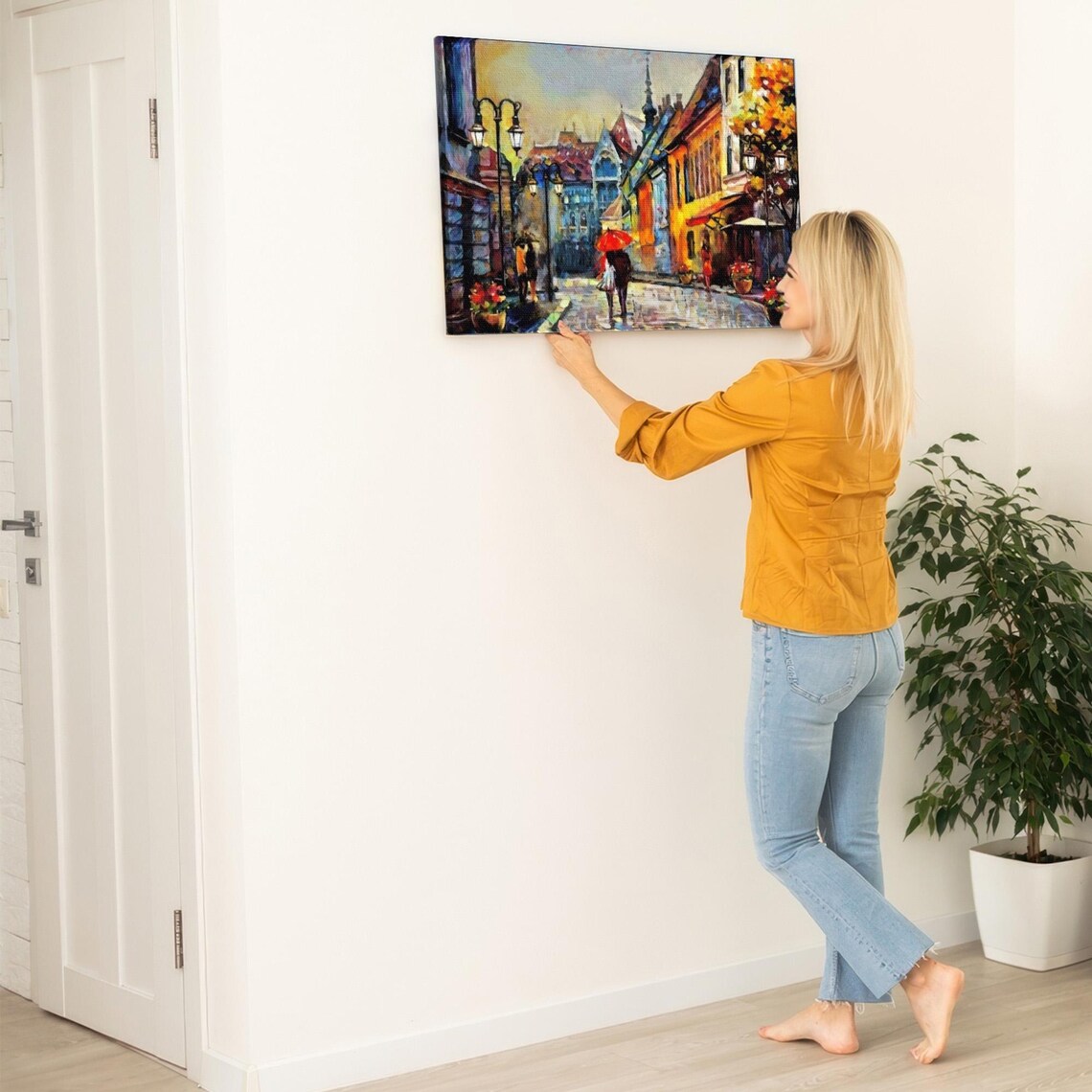 Budapest Street With Red Umbrella Oil Painting Scene Art Poster - Image 5