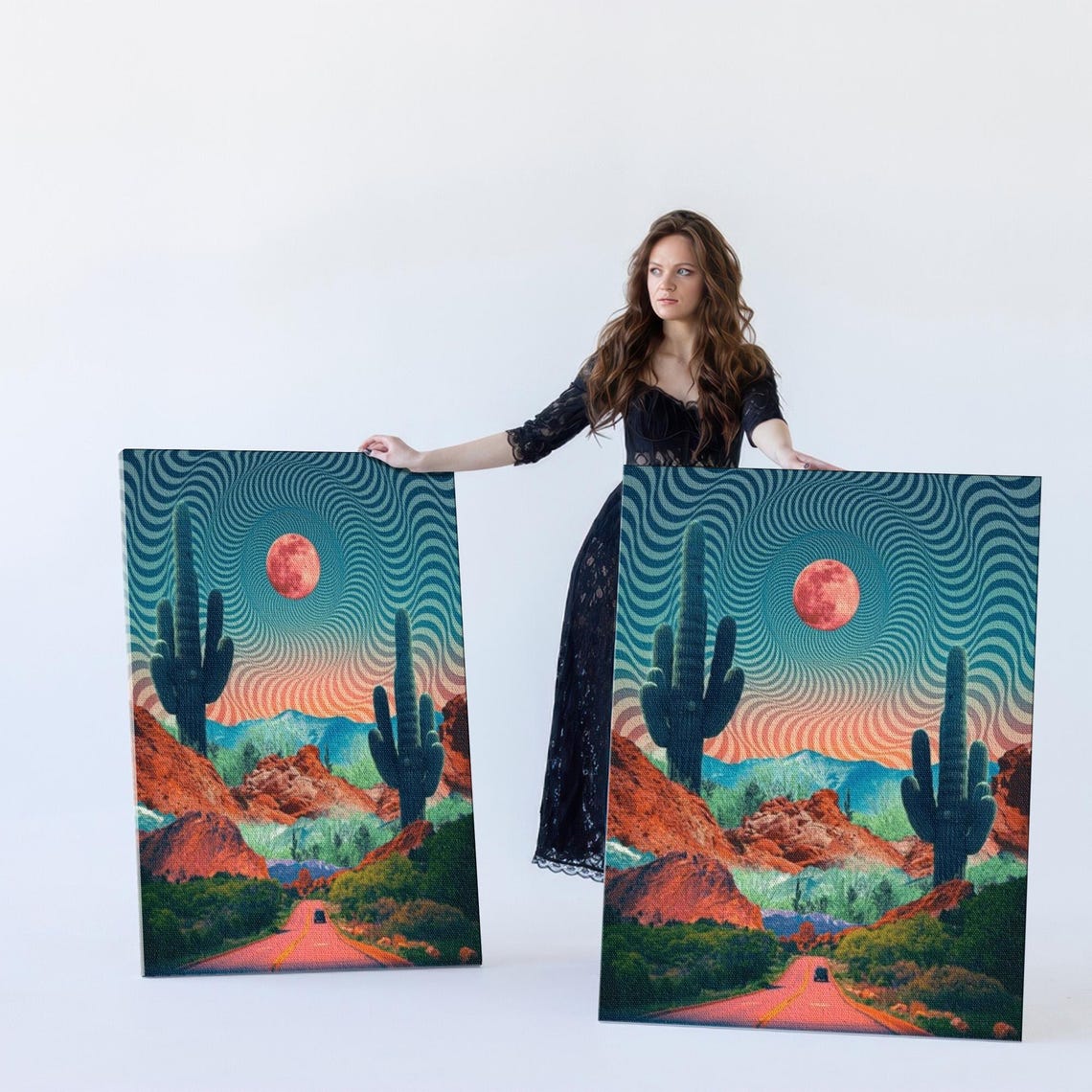 Southwest Desert Road With Giant Saguaro Cacti At Sunset Poster - Image 5