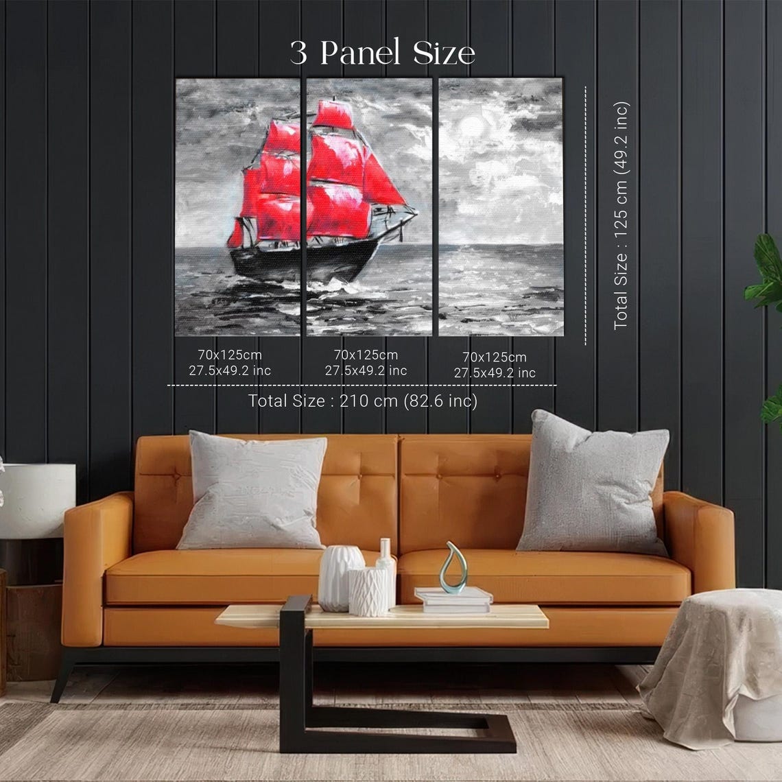 Tall Ship with Vivid Red Sails on Gray Stormy Sea Painting Poster - Image 2