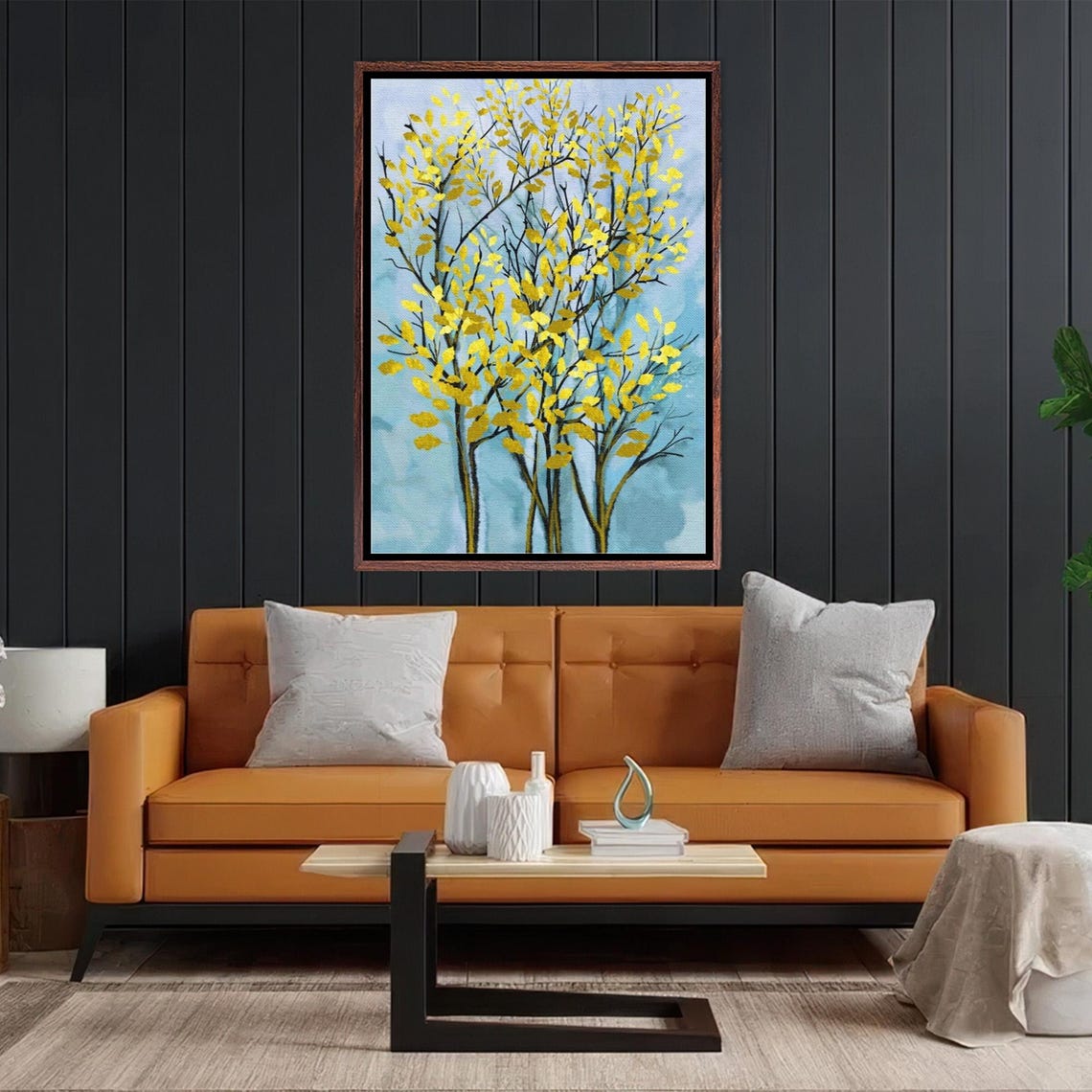 Yellow Leafed Birch Trees Painting on Blue Background Poster - Image 2