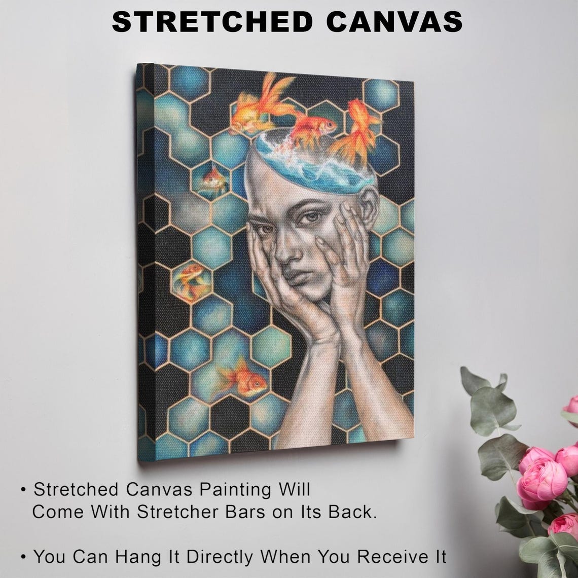 Surreal Woman with Goldfish and Honeycomb Pattern Art Poster - Image 3