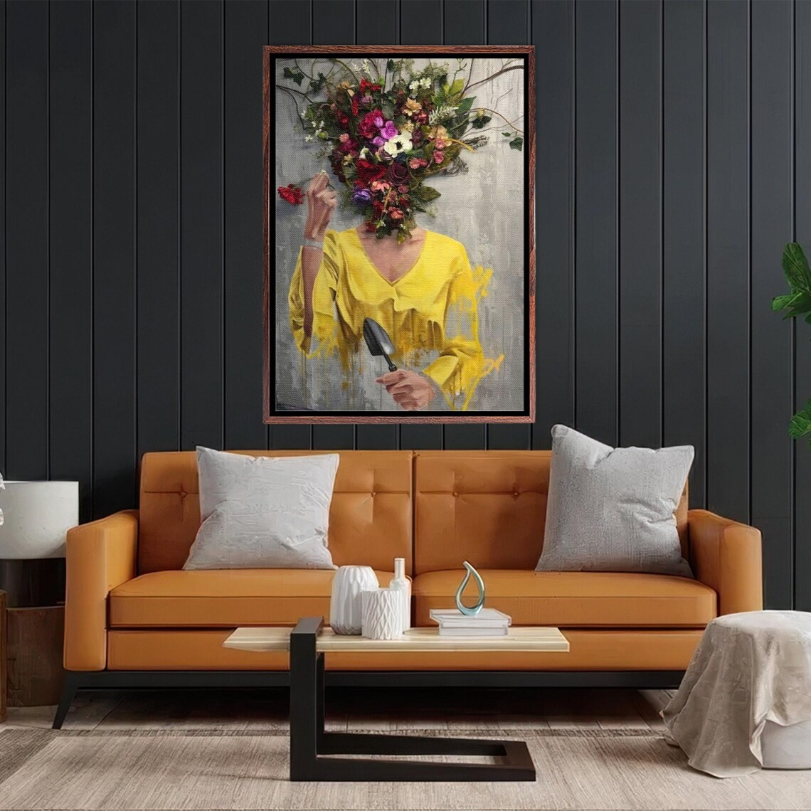 Woman With Flower Head Holding Trowel In Surreal Garden Poster - Image 2