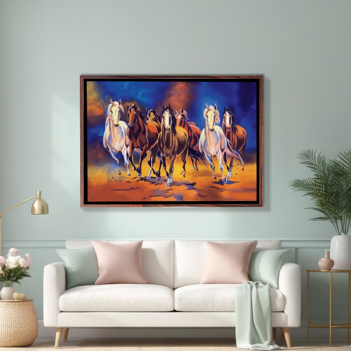 Seven Galloping Horses At Sunset Colorful Oil Painting Poster
