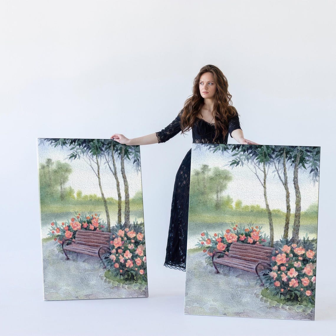 Wooden Park Bench Surrounded By Blooming Pink Roses Garden Poster - Image 5