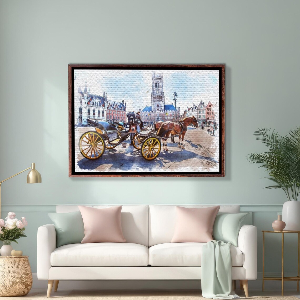 Bruges Belgium Town Square With Horse Carriage Watercolor Style Poster