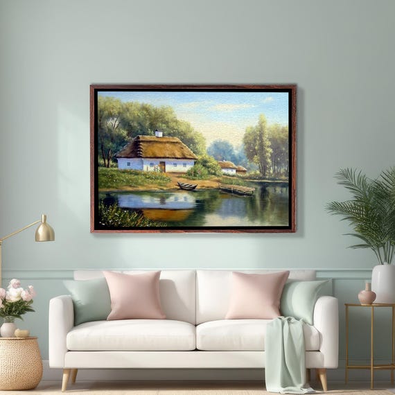 Lake View Village House Oil Painting Look Decorative Wall Art Landscape Wall Table Nature Art Nature Decor