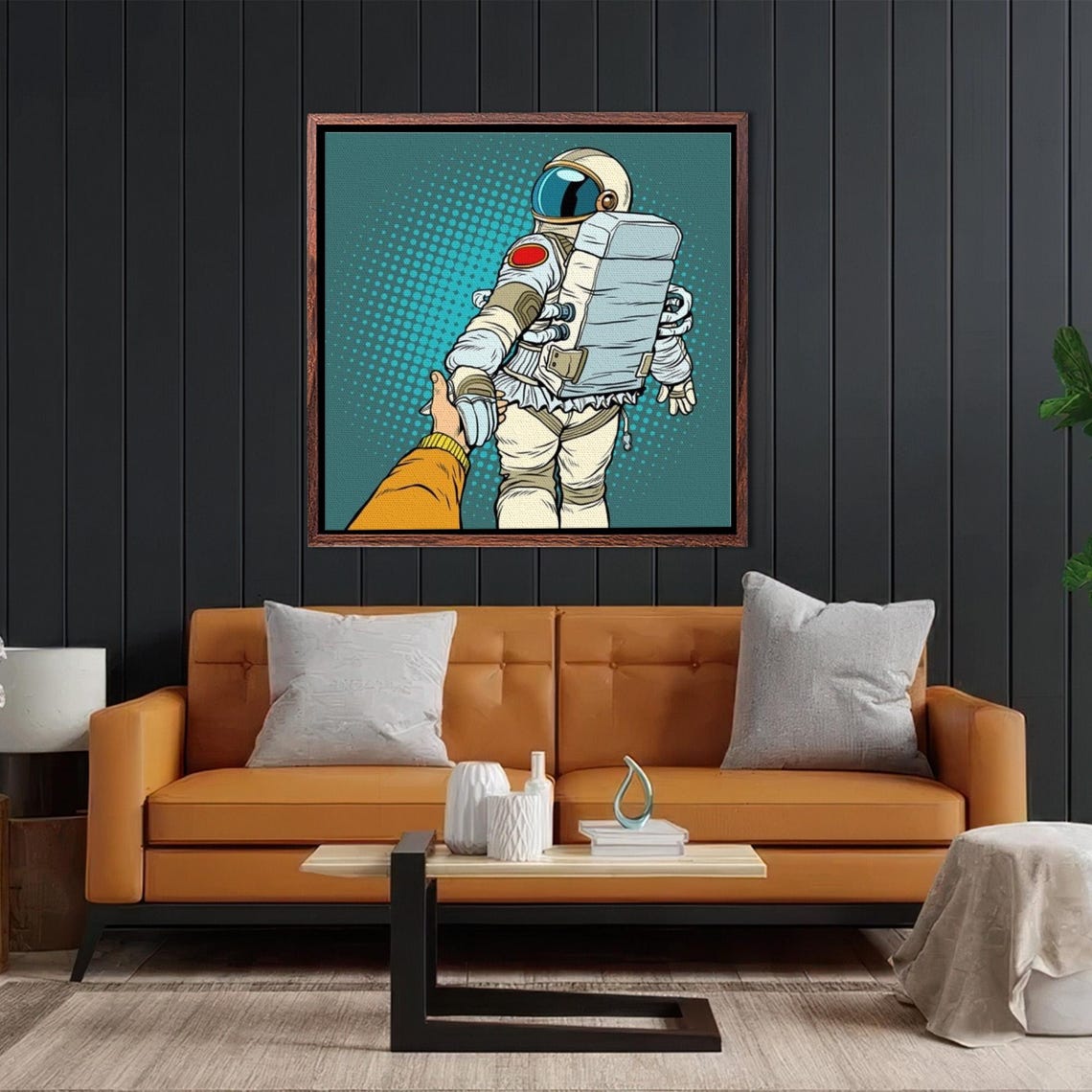 Retro Pop Art Astronaut Holding a Hand on Teal Halftone Poster - Image 2