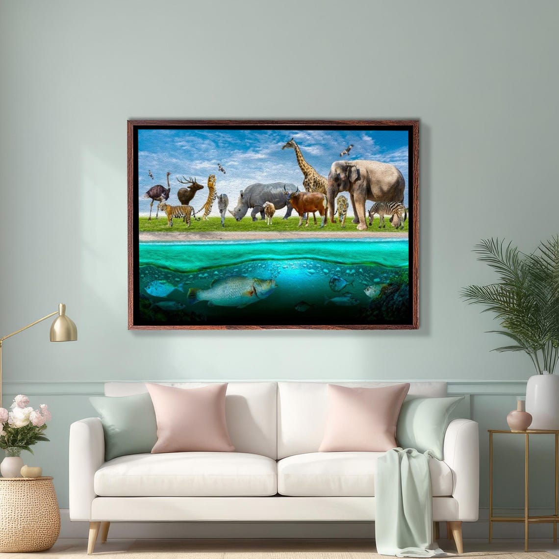 Safari Animals Above Water Fish Below Split Scene View Poster