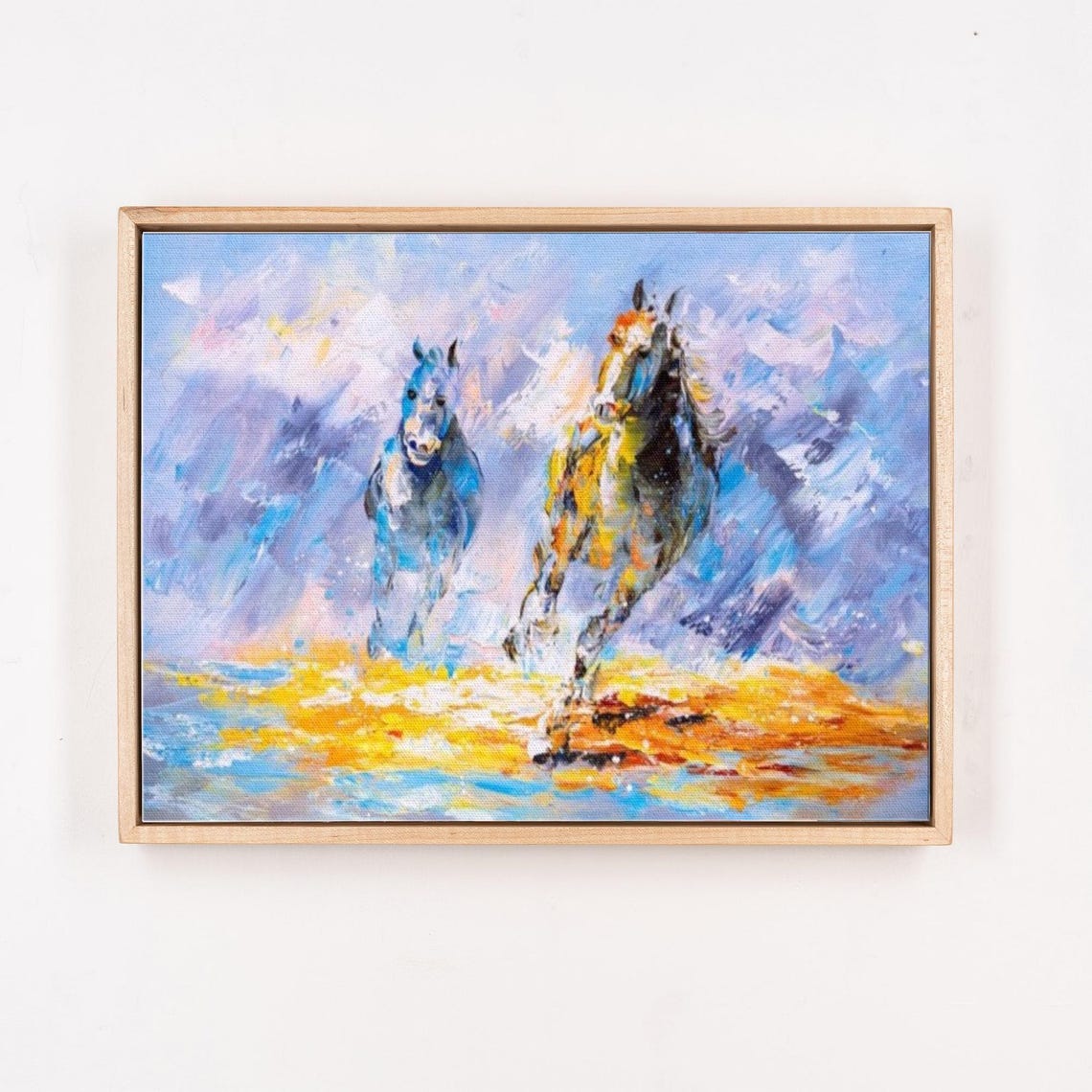 Two Wild Horses Running Through Abstract Blue and Gold Poster - Image 4