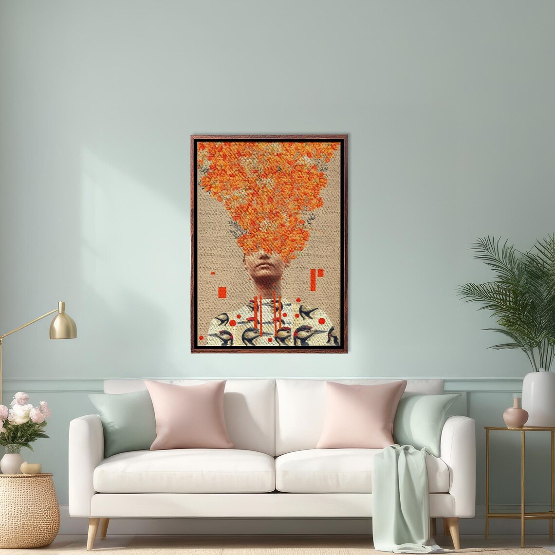 Surreal Woman Portrait With Orange Flower Head And Birds Poster