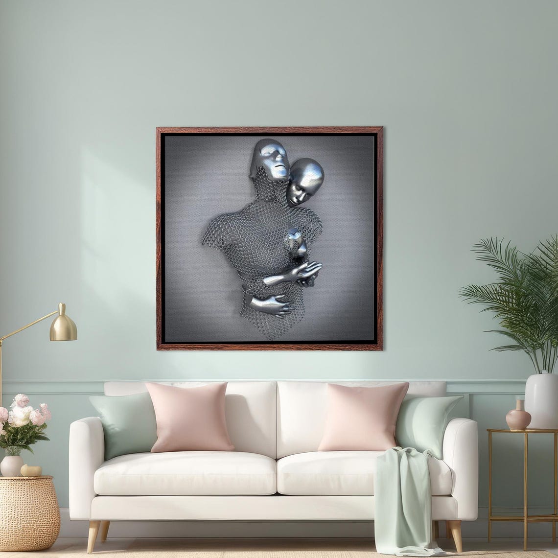 Twin Chrome Heads in Metallic Mesh Tender Embrace Sculpture Poster