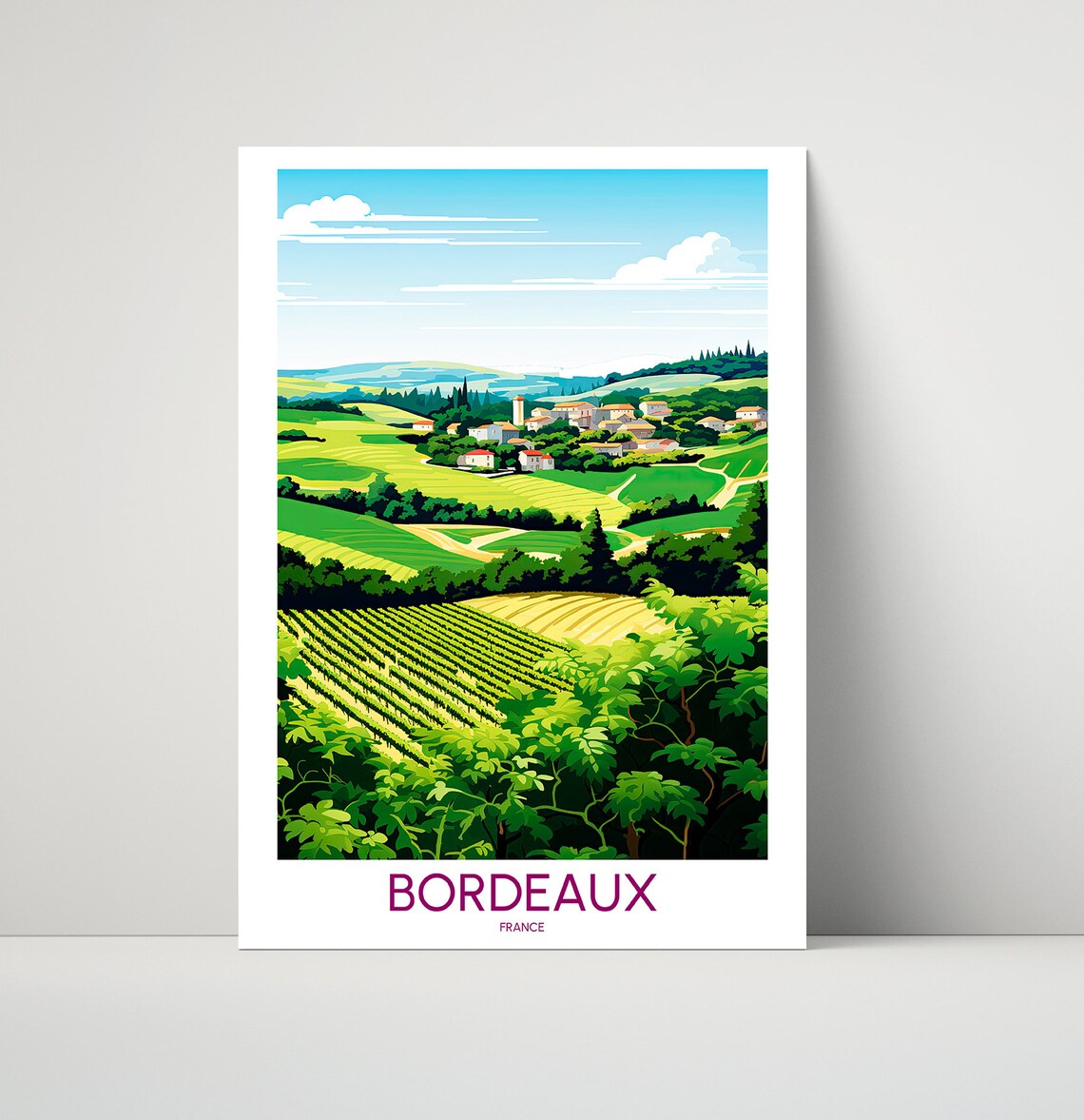 Bordeaux France Rolling Vineyard Hills Village Travel Poster