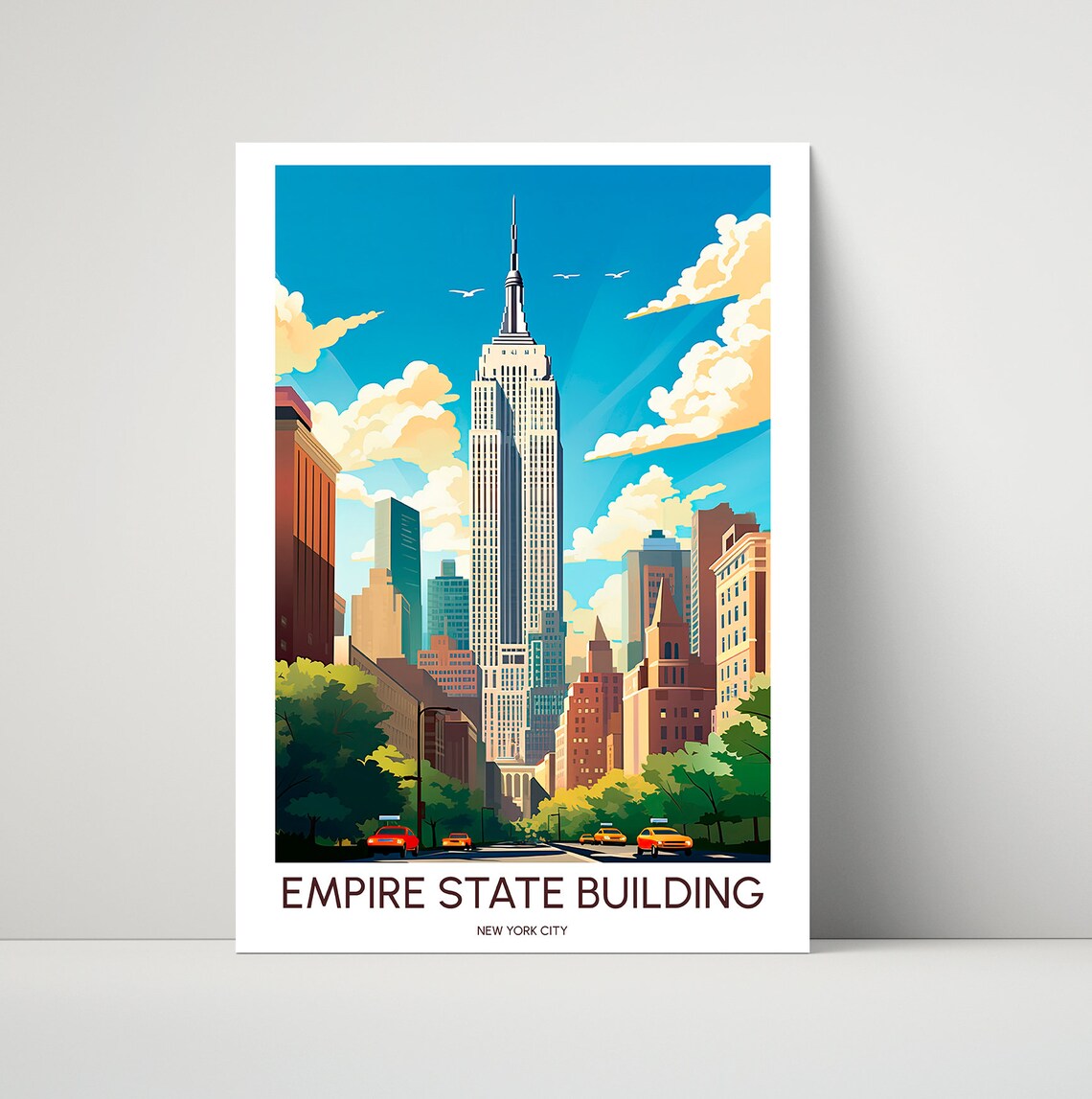 Empire State Building New York City Yellow Taxi Street Travel Poster