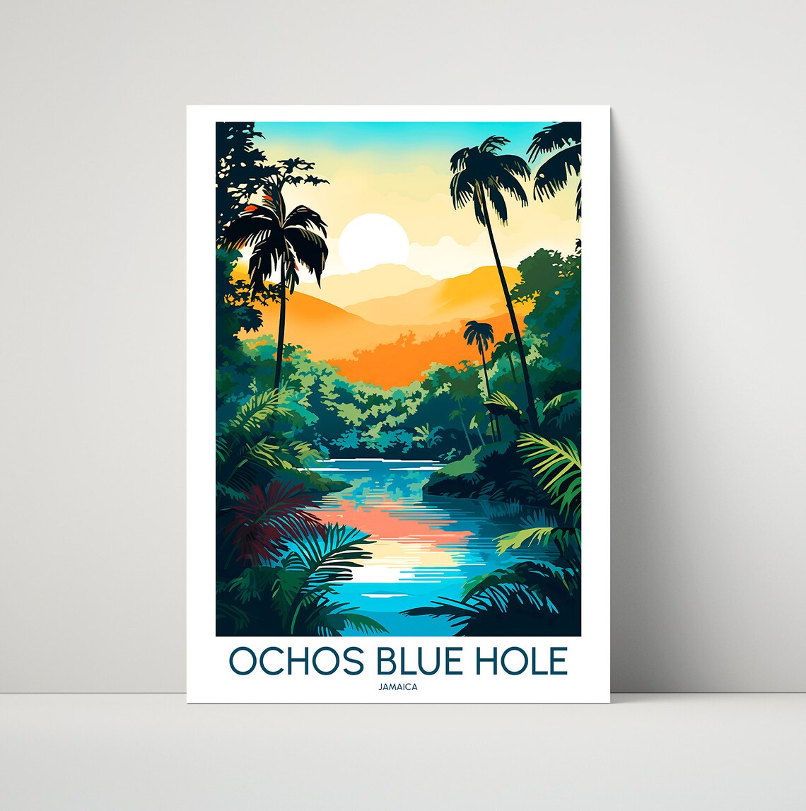 Ochos Blue Hole Jamaica Tropical River Sunset Illustrated Travel Poster