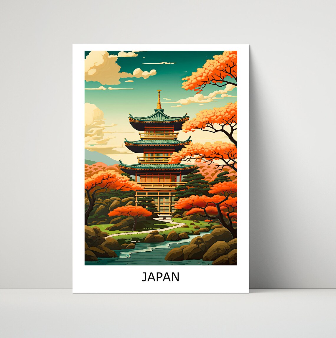 Japan Pagoda Autumn Maple Garden Pond Illustration Art Poster