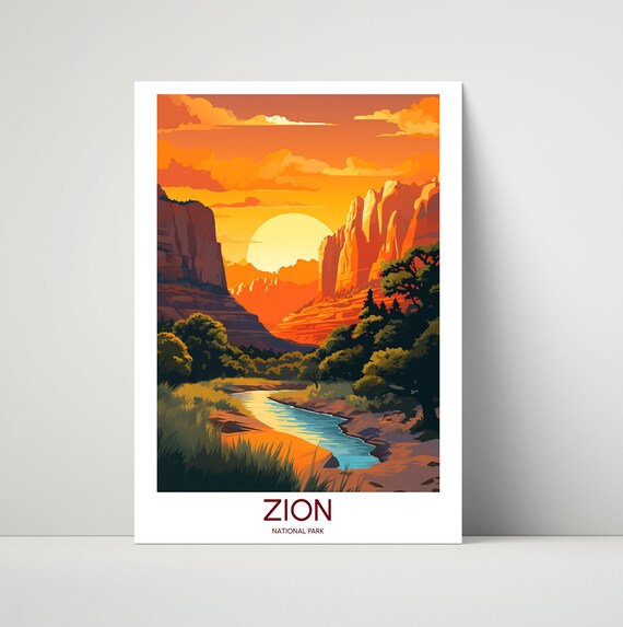 Zion National Park Canyon Sunset River Red Rocks Vintage Travel Poster