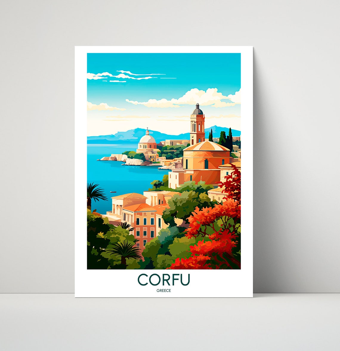 Corfu Greece Coastal Old Town Harbor Illustrated Travel Poster