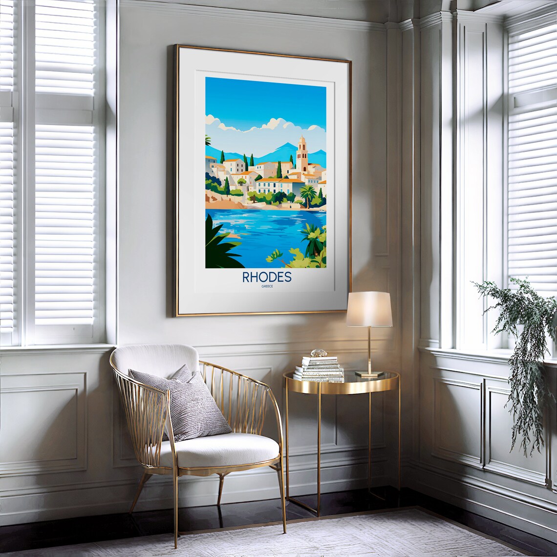 Rhodes Greece Coastal Town Sea Harbor Illustrated Travel Poster - Image 2