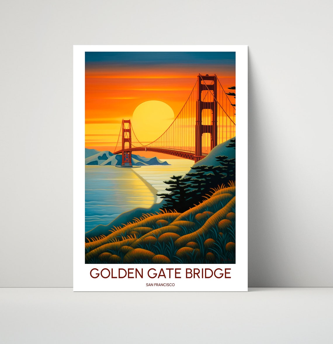 Golden Gate Bridge San Francisco Sunset Travel Illustration Poster