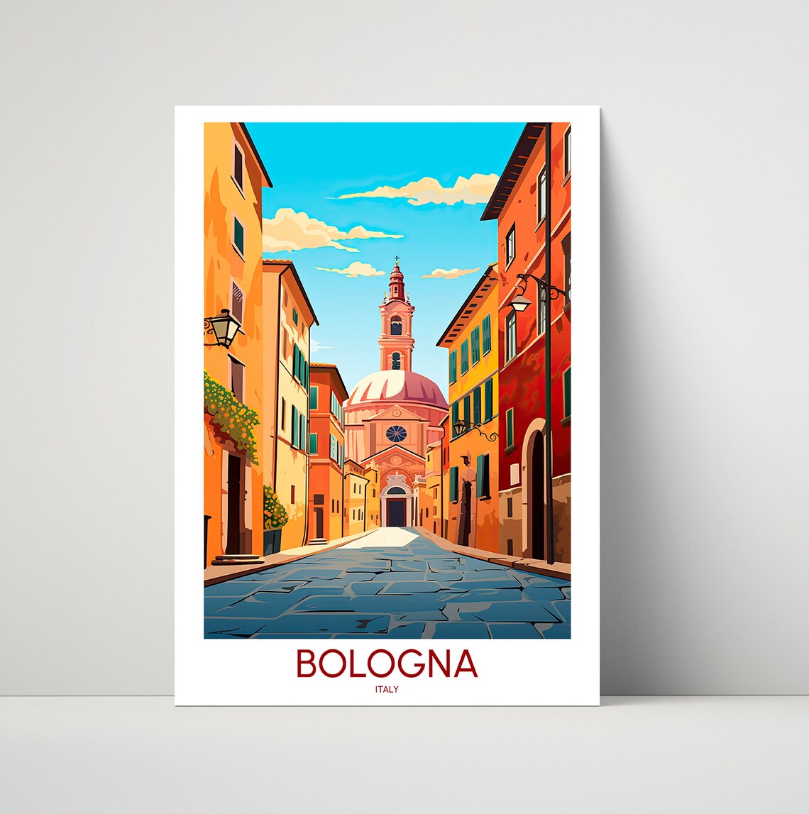 Bologna Italy Cobblestone Street Historic Church Vintage Travel Poster