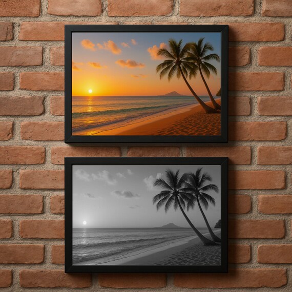 Beach Sunset Poster Set Color Black And White Palm Tree Wall Art Print A1 A2 A3 A4 A5 Us Formats