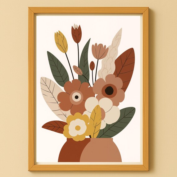 Boho Floral Bouquet Terracotta Vase Autumn Botanical Wall Print