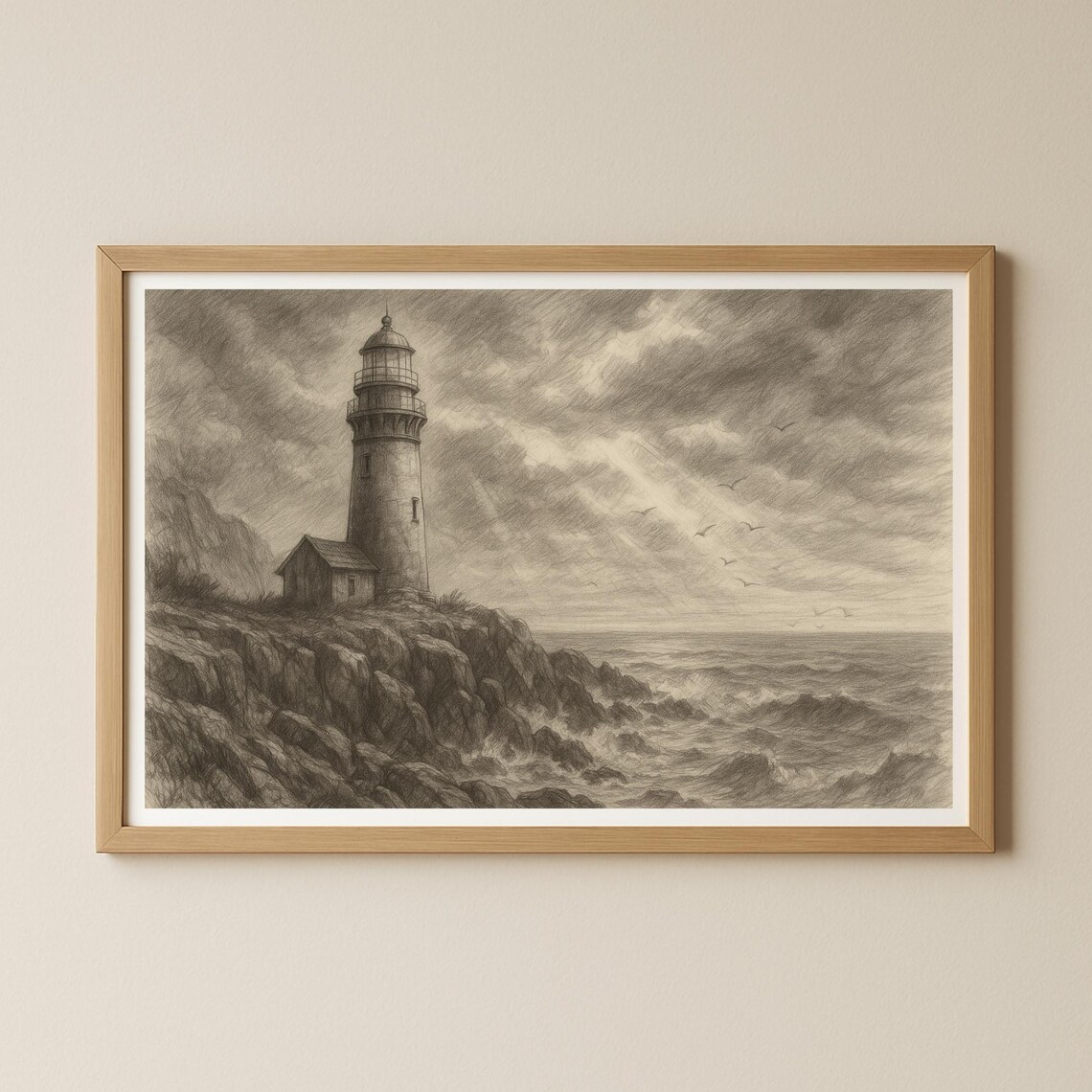 Vintage Lighthouse On Rocky Coast Sepia Pencil Sketch Art Poster