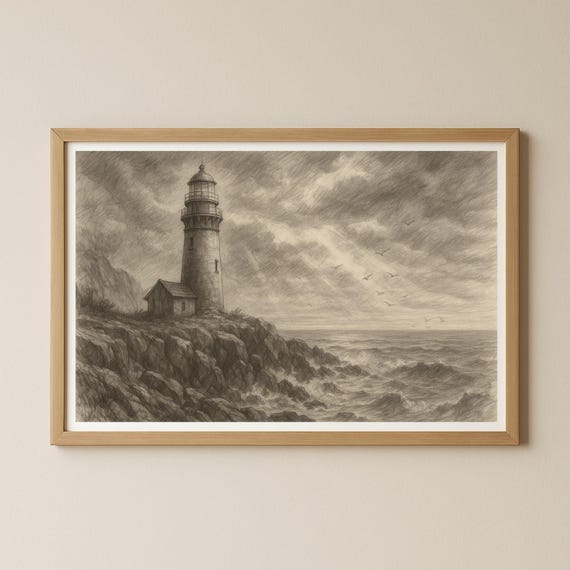 Lighthouse Wall Art Poster In Pencil Drawing Style Coastal Artwork For Instant A1 A2 A3 A4 A5 Us Formats