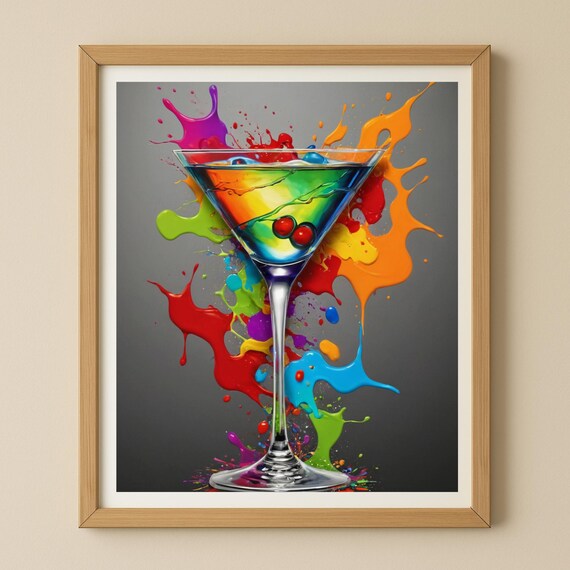 Rainbow Cocktail Glass Colorful Splash Art Modern Bar Wall Poster