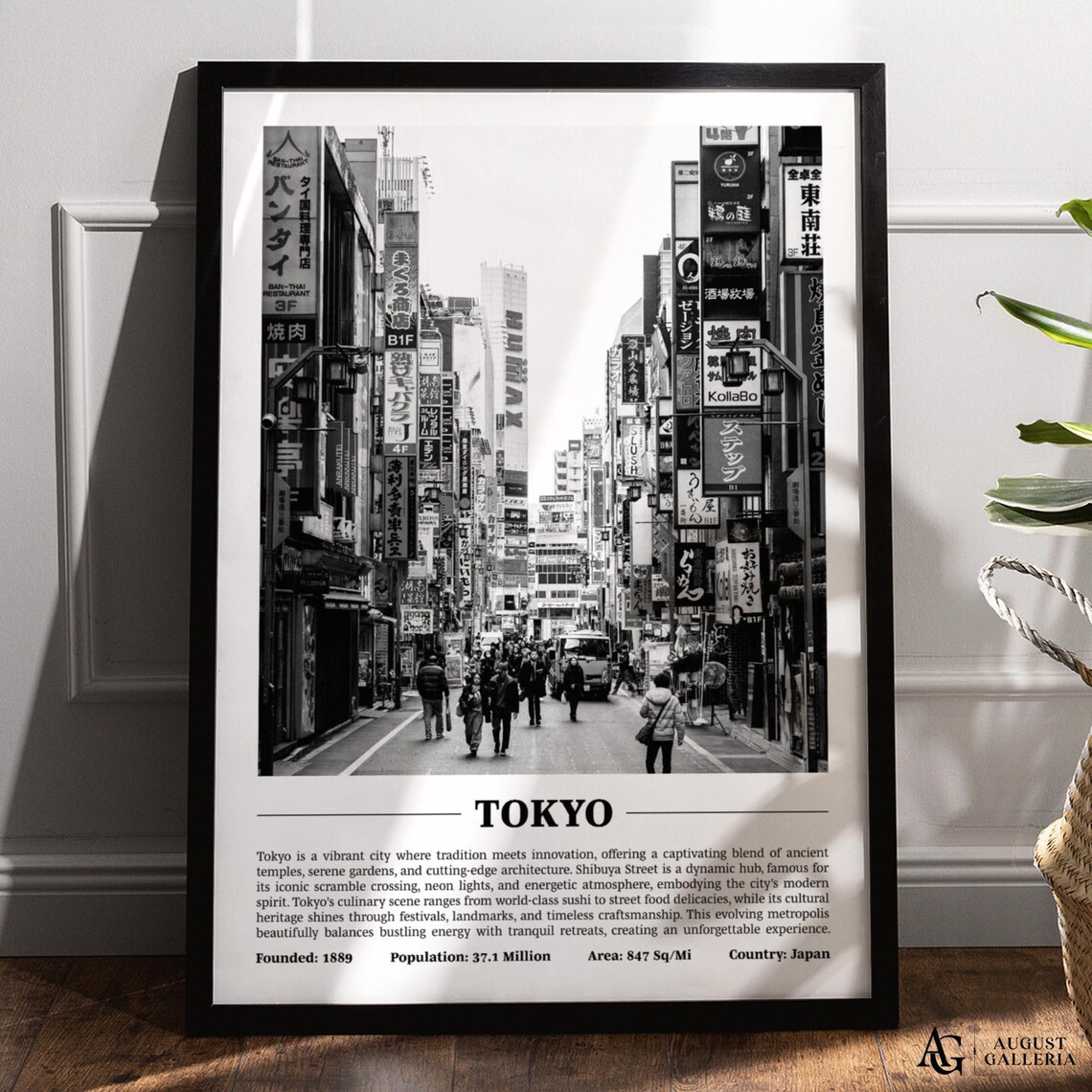 Tokyo Shibuya Street Neon Signs Black And White City Photo Poster