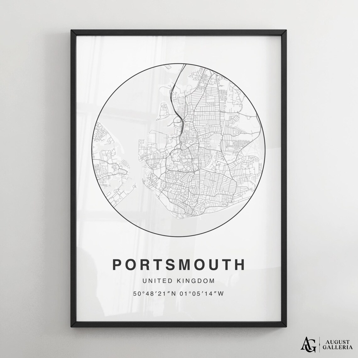 Portsmouth United Kingdom Circular City Map Minimalist Black White Poster