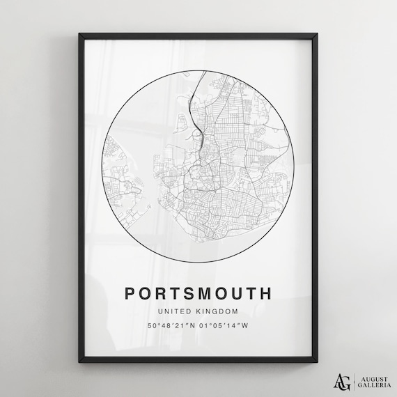 Portsmouth United Kingdom Circular City Map Minimalist Black White Poster
