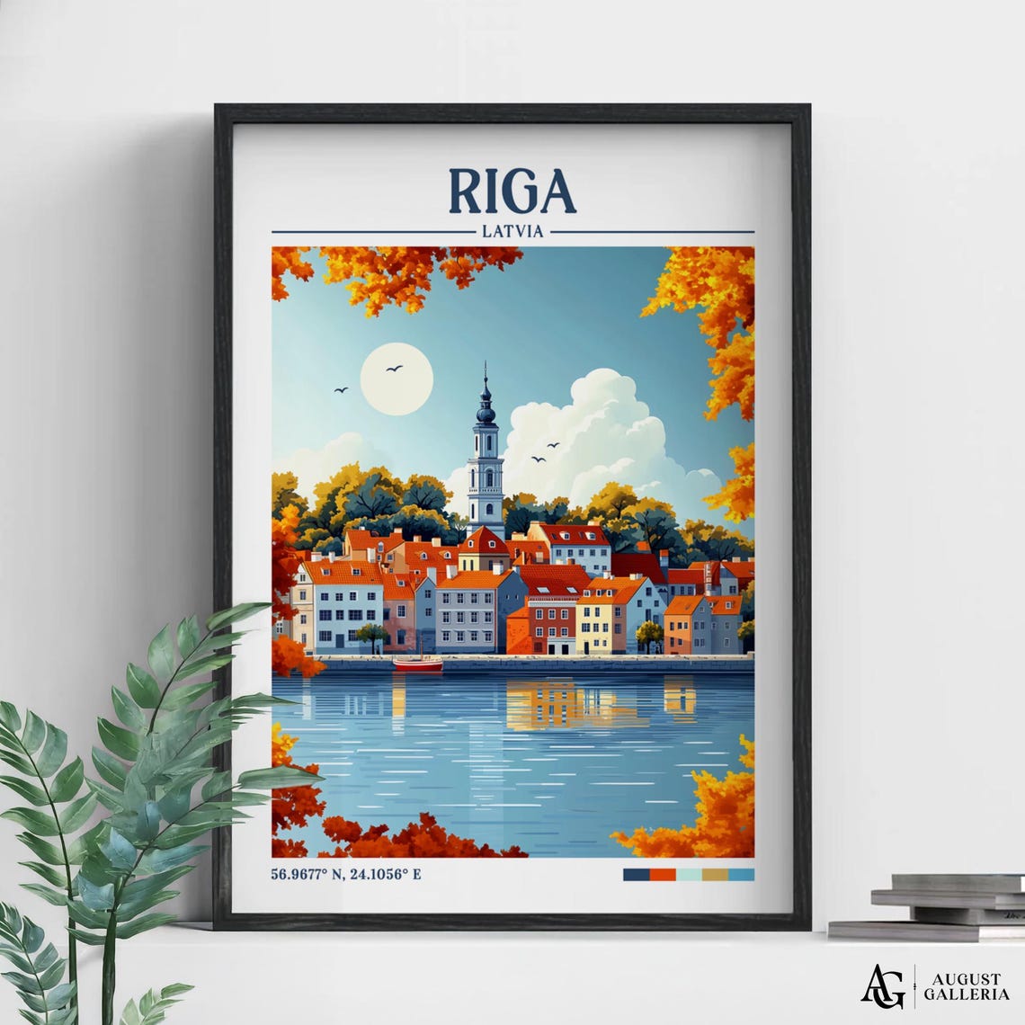 Riga Latvia Retro Travel Print Wall Art Framed Canvas Poster Illustration Wanderlust