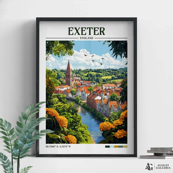 Exeter England Retro Travel Print Wanderlust Posters Illustration Wall Art Framed Prints Canvas Poster