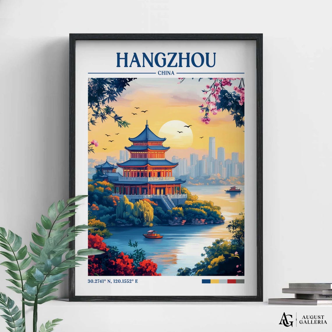 Hangzhou China Retro Travel Print Wanderlust Posters Illustration Wall Art Framed Prints Canvas Poster