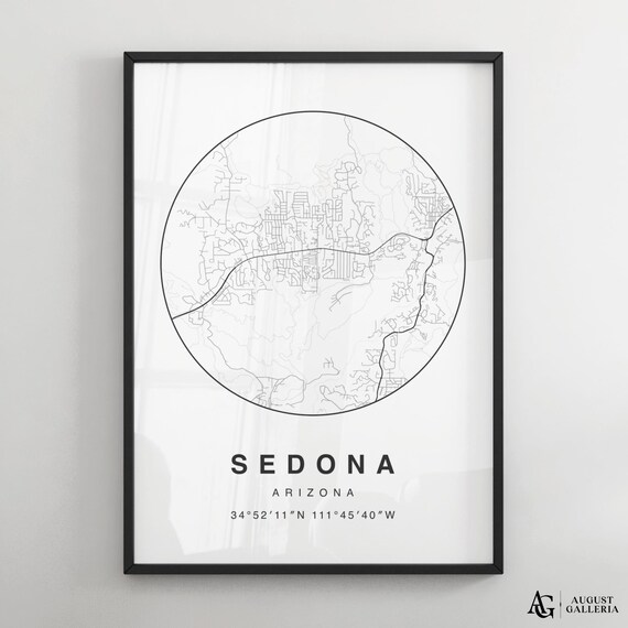 Sedona Arizona Circular Minimalist Black White Desert Map Poster