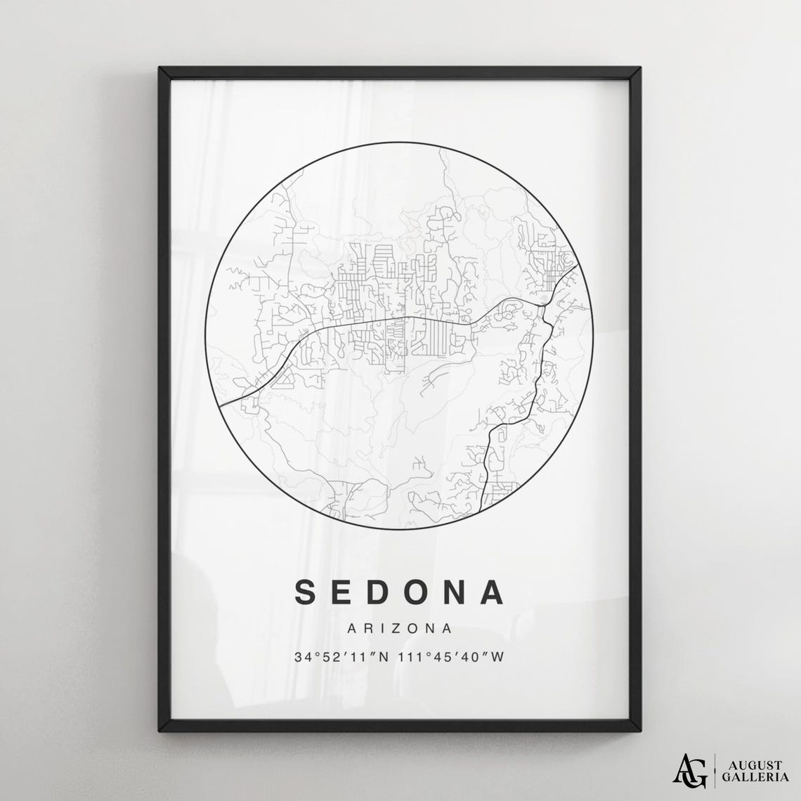 Sedona Arizona Circular Minimalist Black White Desert Map Poster