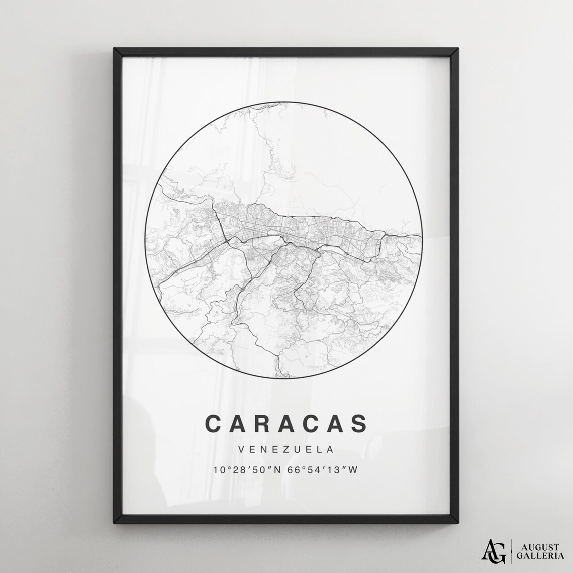 Caracas Venezuela Minimalist Black and White Circular City Map Print