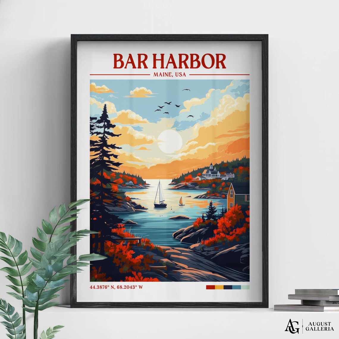 Bar Harbor Maine USA Sunset Travel Poster Autumn Harbor Sailboat Scene