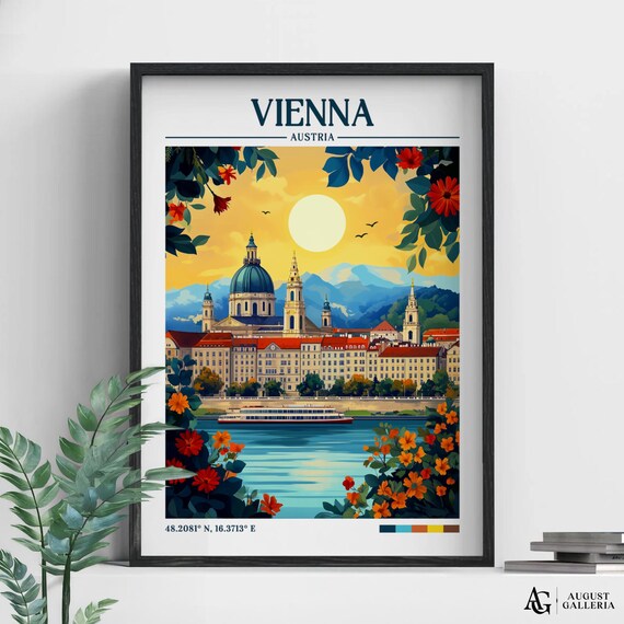 Vienna Austria Retro Travel Poster With Danube River Cruise View