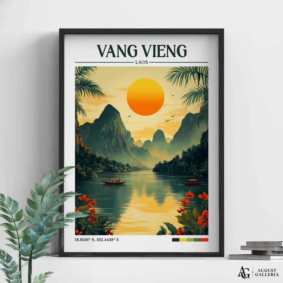 Vang Vieng Laos Retro Travel Print Wall Art Framed Canvas Poster Illustration Wanderlust