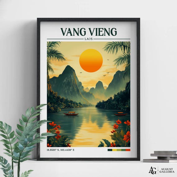 Vang Vieng Laos Retro Travel Print Wall Art Framed Canvas Poster Illustration Wanderlust