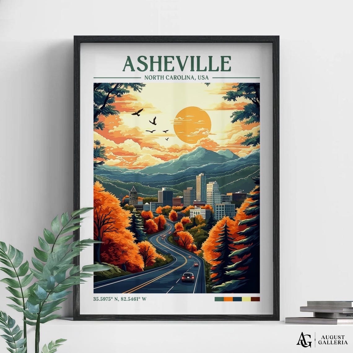 Asheville North Carolina Retro Sunset Mountain Cityscape Travel Poster
