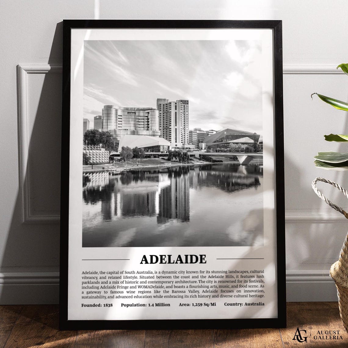 Adelaide Riverfront Skyline Reflections Black And White Photo Poster