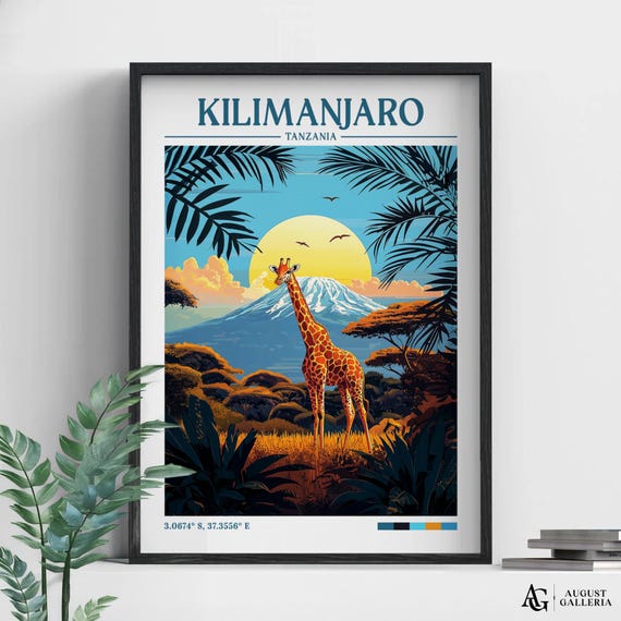 Kilimanjaro Retro Travel Print Wanderlust Posters Illustration Wall Art Framed Prints Canvas Poster