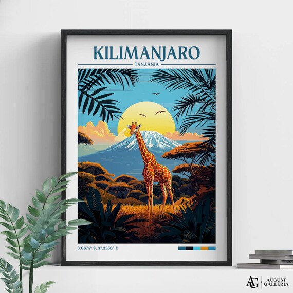 Kilimanjaro Tanzania Retro Travel Poster with Giraffe and Mountain