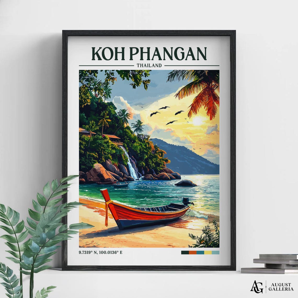 Koh Phangan Thailand Retro Travel Poster Longtail Boat Beach
