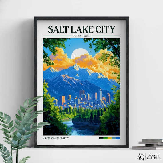 Salt Lake City Utah Skyline With Snowy Mountains Travel Poster