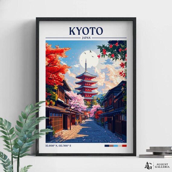 Kyoto Japan Retro Travel Poster with Pagoda and Cherry Blossoms